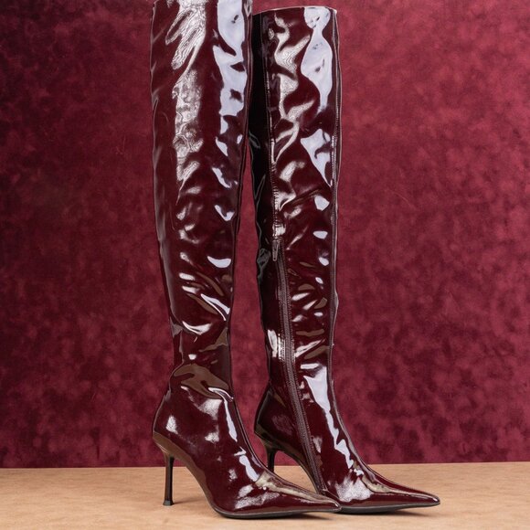 Jeffrey Campbell Women Push Faux Patent Leather Fashion OTK Pointy Boots sz 6.5 - Picture 1 of 8